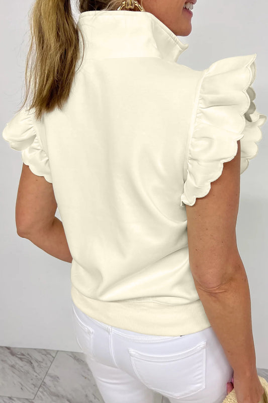 Blusa beige de manga corta con volantes, cuello y cremallera - Bego Fashion