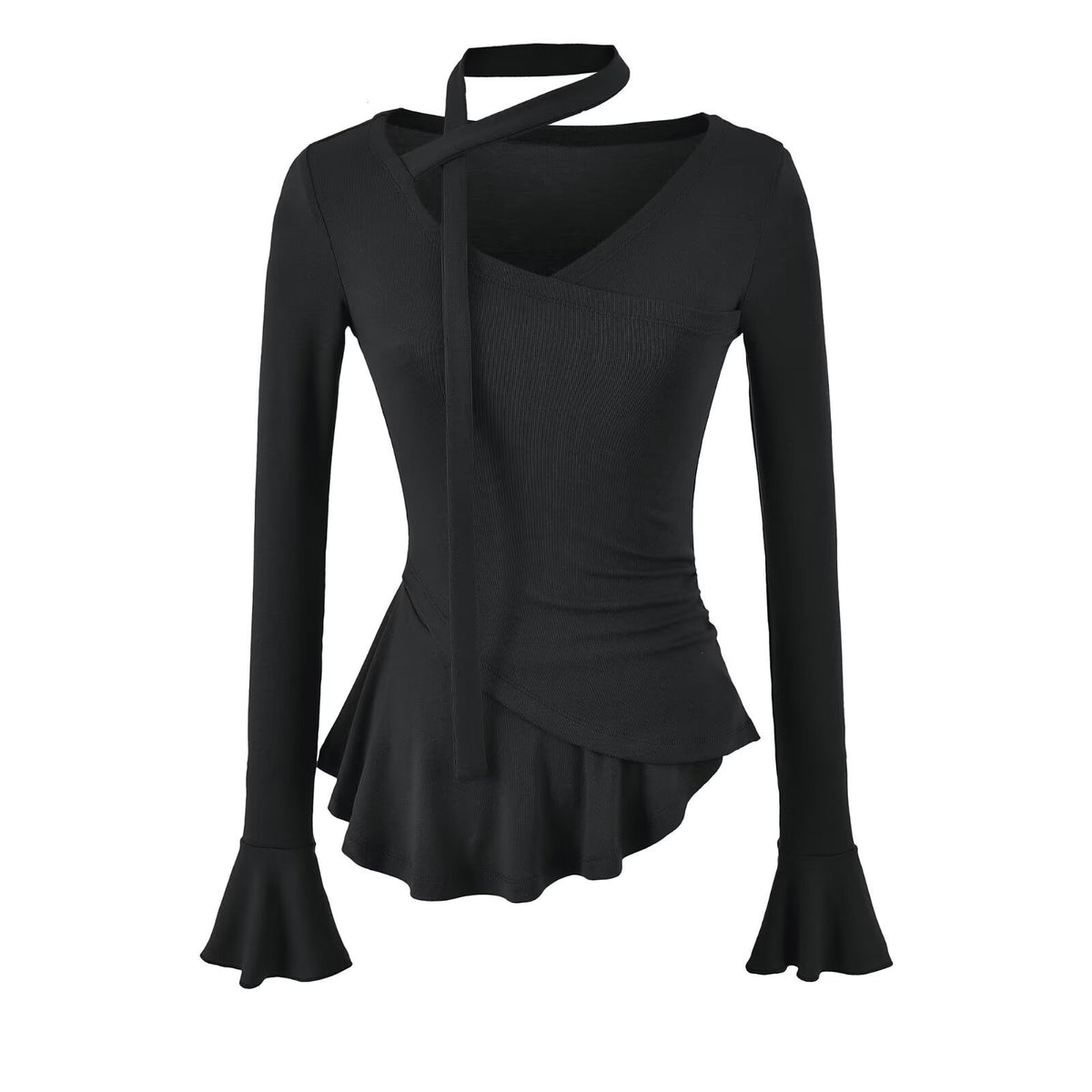 Top de manga larga con cuello en V, mangas acampanadas con lazada y cintura fruncida