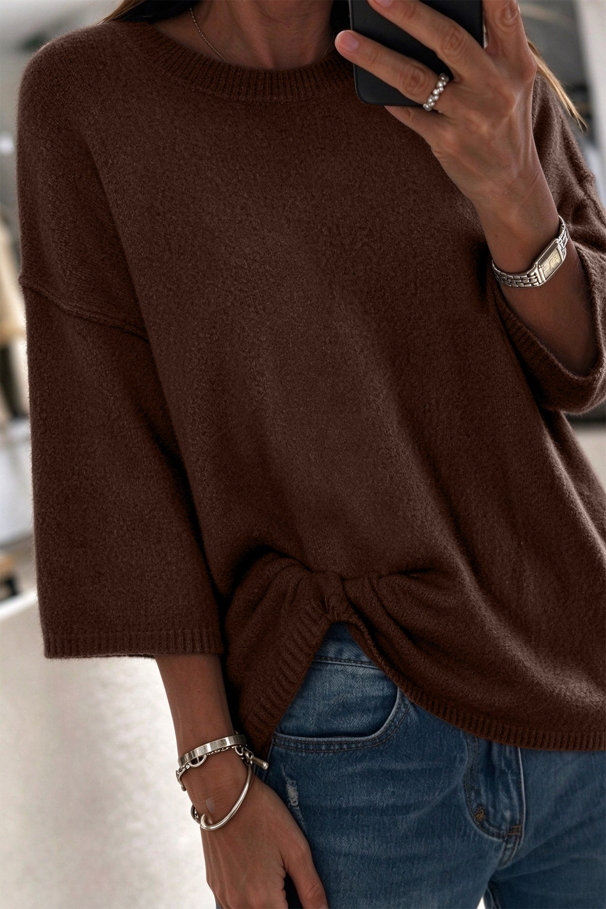 Camel Solid Color Knit Half Sleeve Round Neck Shift Sweater