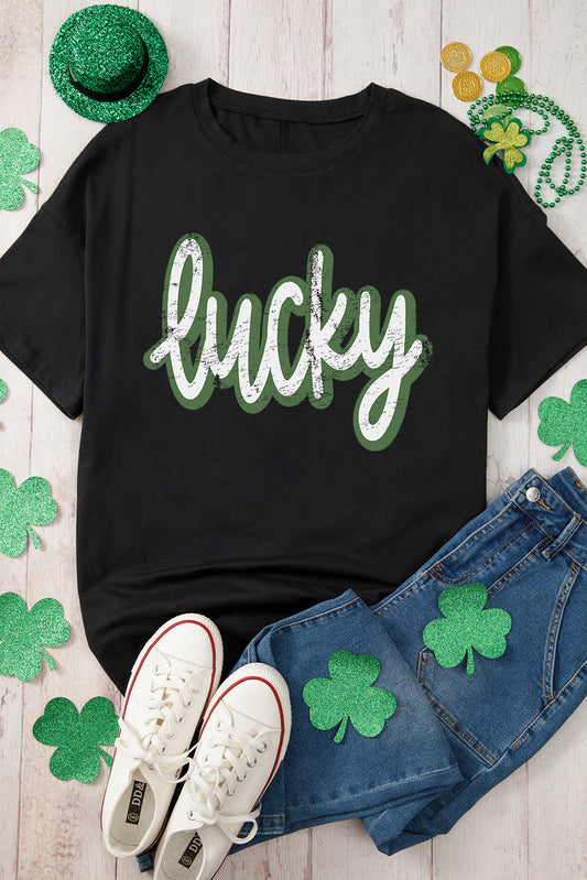 Camiseta negra con gráfico de letras agrietadas de la suerte del Día de San Patricio - Bego Fashion