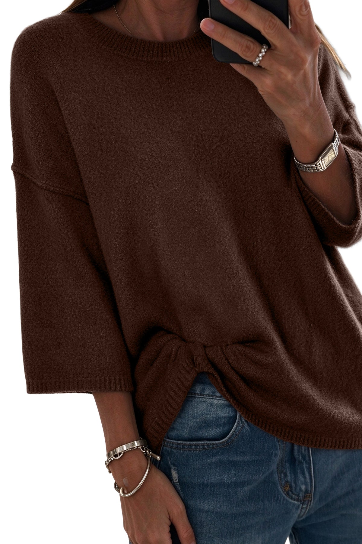 Camel Solid Color Knit Half Sleeve Round Neck Shift Sweater