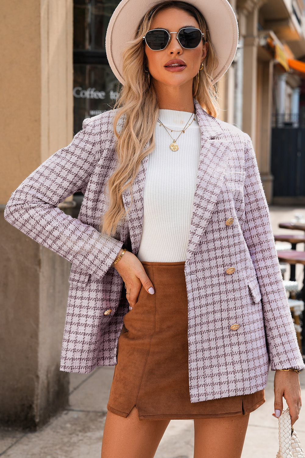 Blazer elegante de tweed a cuadros en color burdeos