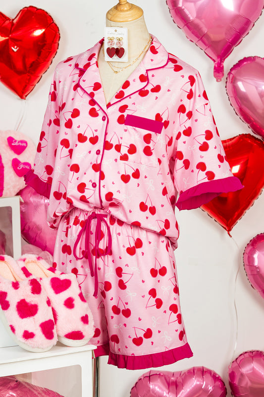 Conjunto de pijama corto con borde festoneado y estampado mixto de lazo y cereza rosa - Bego Fashion