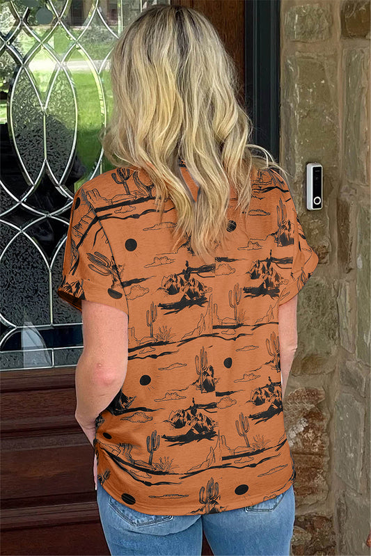 Top de punto de manga corta con estampado de arena del desierto color castaño