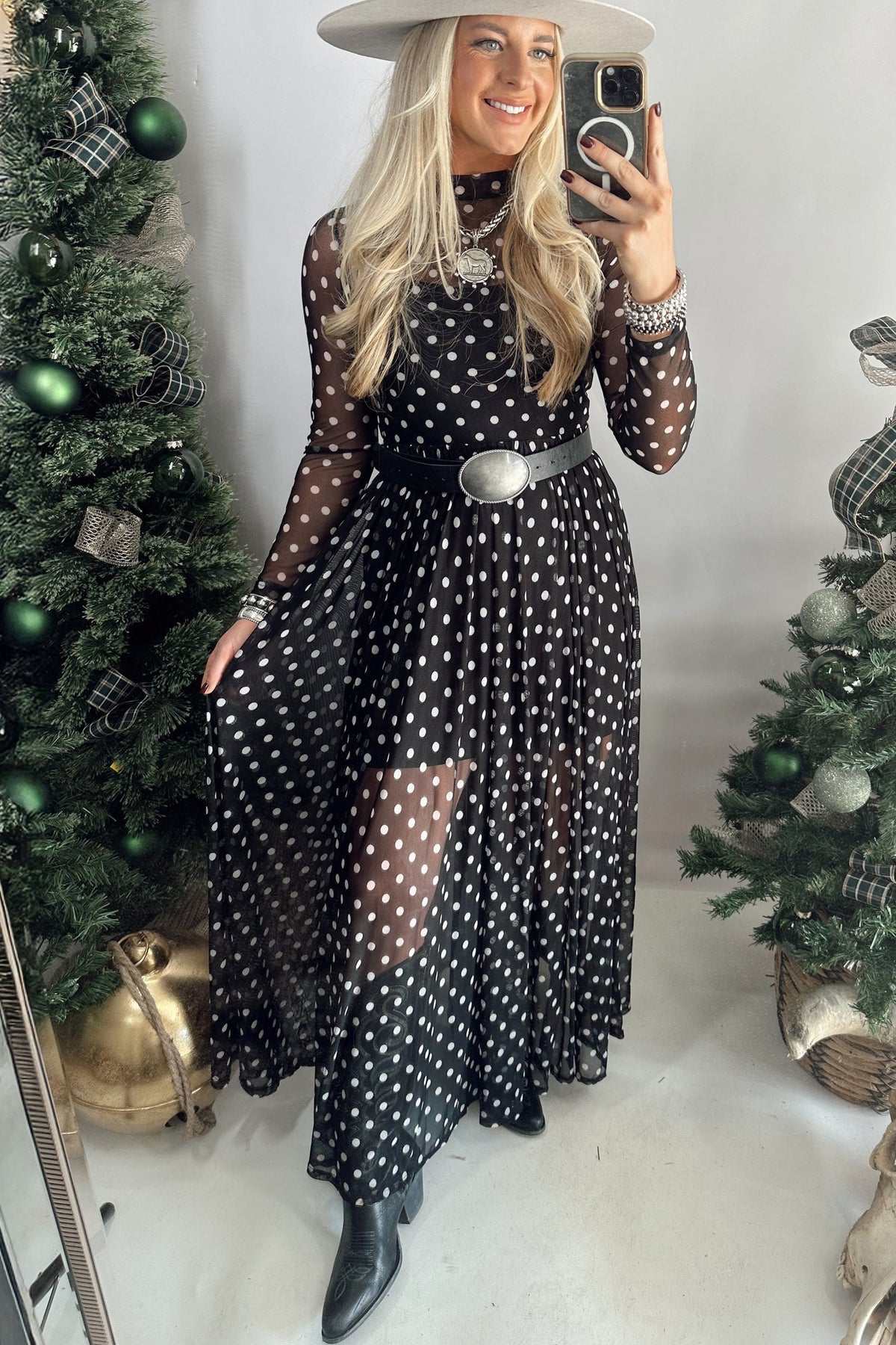 Conjunto de 2 piezas: vestido largo de malla negra con estampado de lunares y manga larga