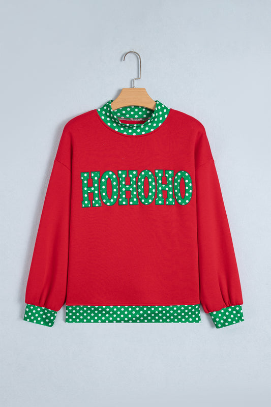 Sudadera rojo intenso con estampado de letras y lunares, cuello perkins y ribetes en contraste