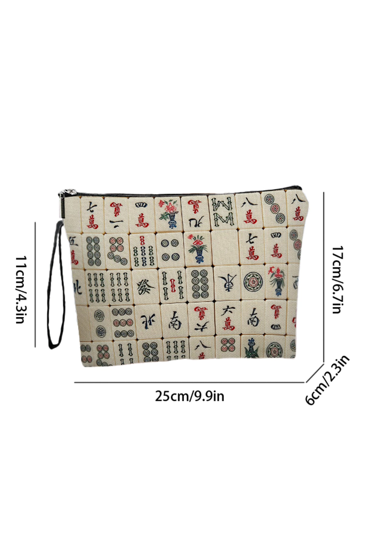 Neceser de lona con estampado de motivos de Mahjong sobre fondo blanco