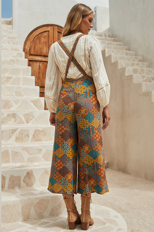 Mono hasta el tobillo con tirantes cruzados y estampado floral bohemio multicolor