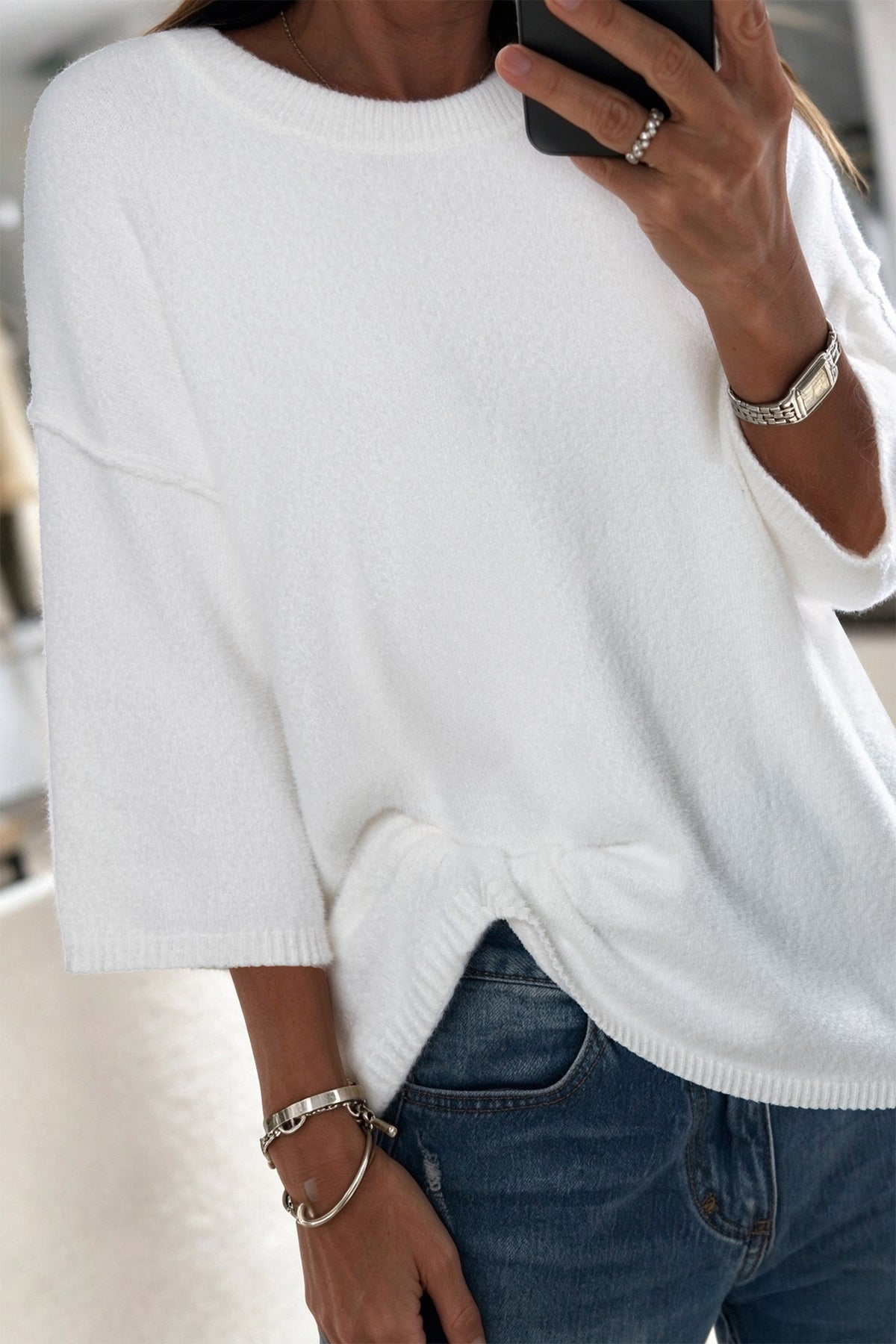 Camel Solid Color Knit Half Sleeve Round Neck Shift Sweater
