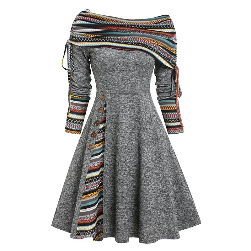 Vestido de mujer Dressfo para otoño/invierno, cuello convertible, ajustado, a rayas, corte acampanado, manga larga.