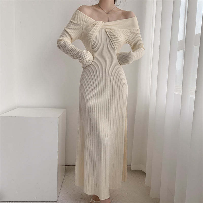 Vestido tipo suéter de punto para mujer, con escote asimétrico, estilo casual y elegante, corte en A, largo midi y ajuste entallado.