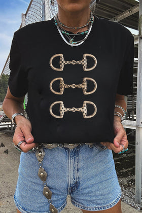 Camiseta holgada negra con estampado de bocado de caballo estilo western
