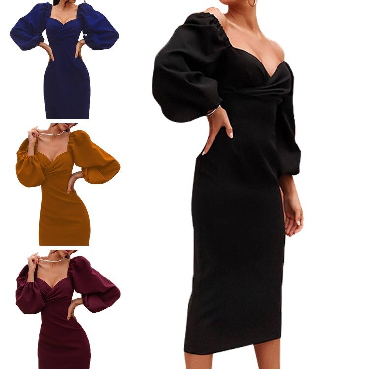 Vestido para mujer, estilo elegante, para primavera y otoño, con mangas abullonadas, diseño sexy de manga larga, estilo casual (GHH1287)