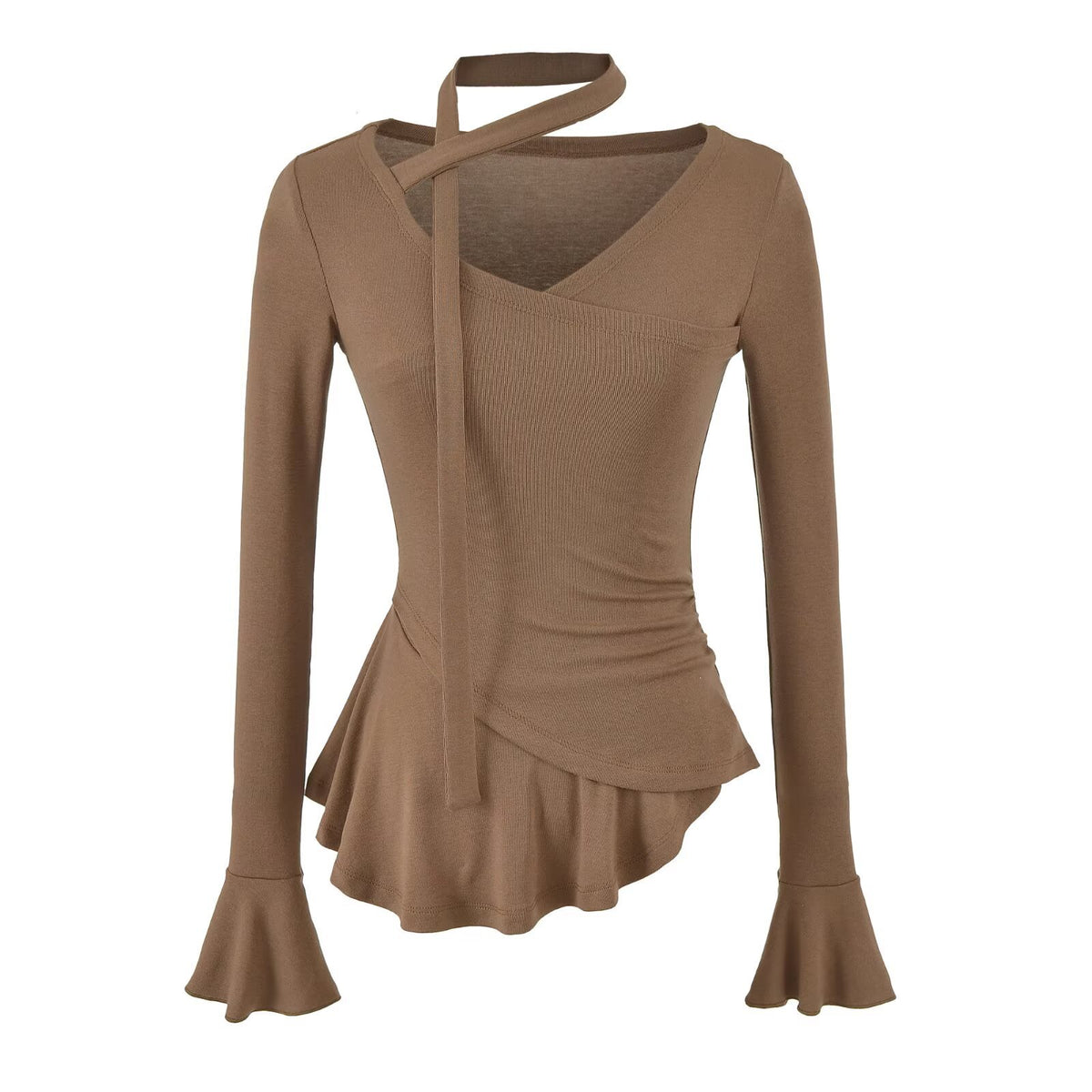 Top de manga larga con cuello en V, mangas acampanadas con lazada y cintura fruncida