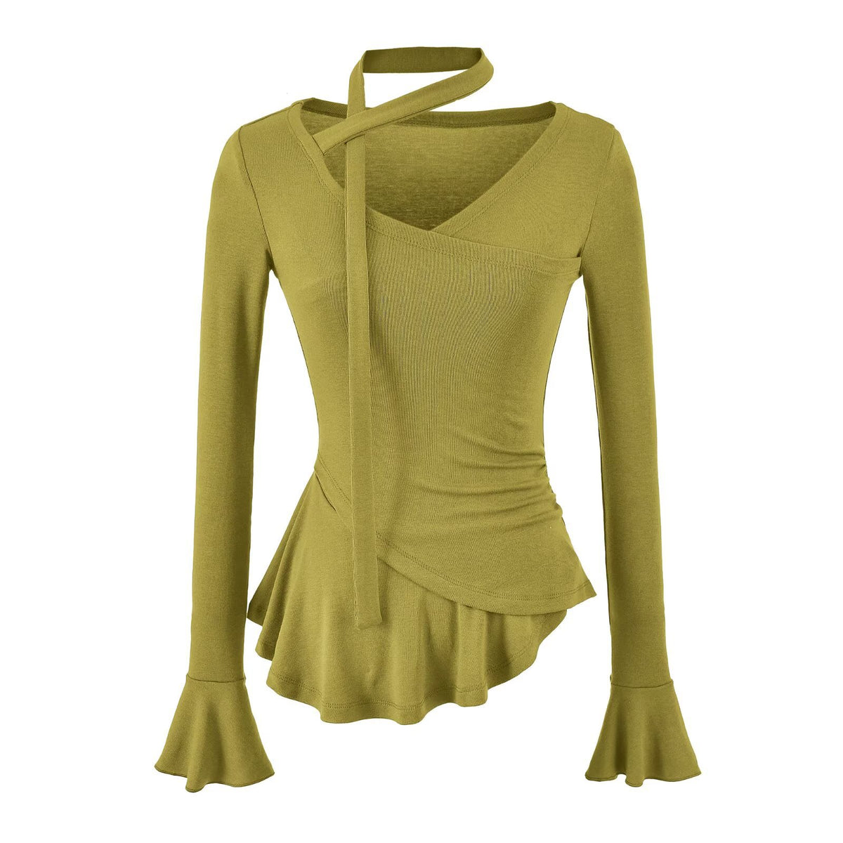 Top de manga larga con cuello en V, mangas acampanadas con lazada y cintura fruncida