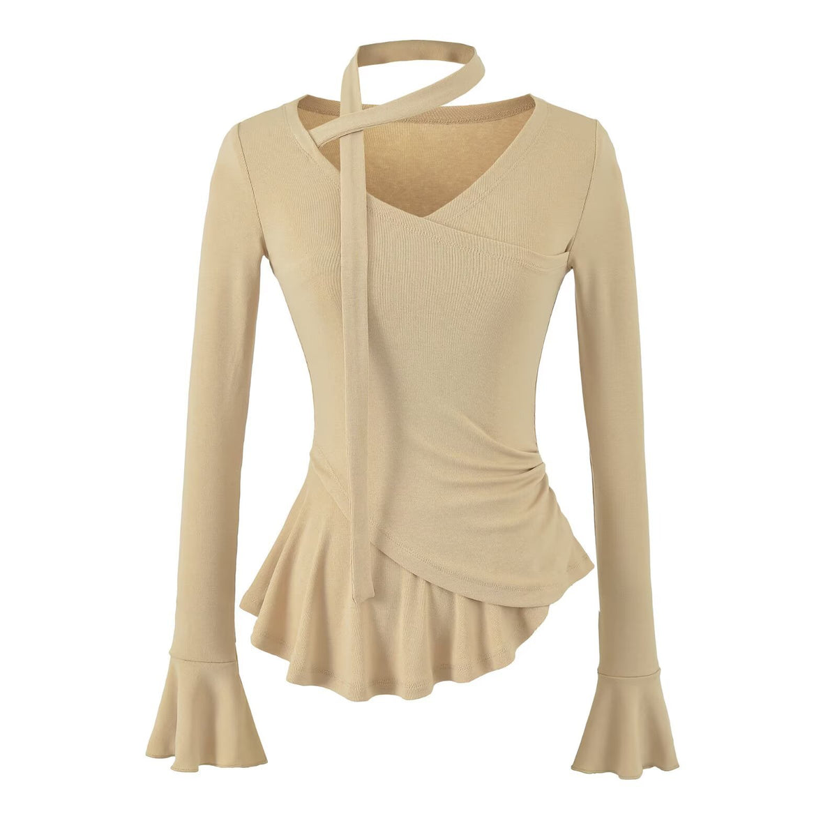 Top de manga larga con cuello en V, mangas acampanadas con lazada y cintura fruncida