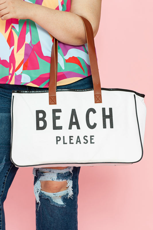 Bolsa de lona grande con estampado BEACH PLEASE en blanco - Bego Fashion