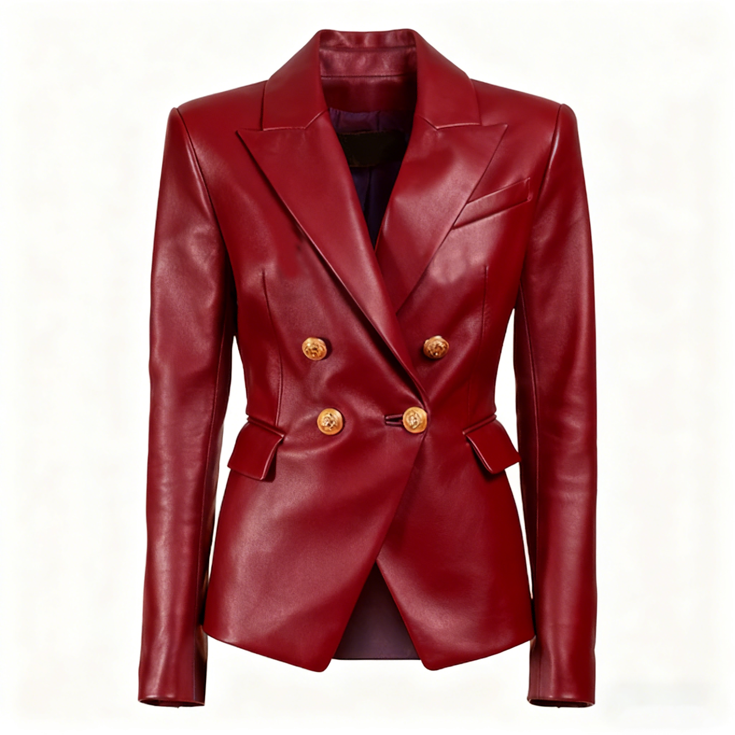 Blazer de piel sintética burdeos con botones dorados y hombros estructurados - Bego Fashion