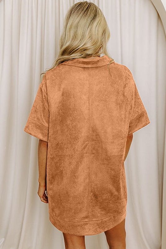 Vestido corto recto de manga corta con cuello en V y cuello de curry tailandés de ante sintético - Bego Fashion