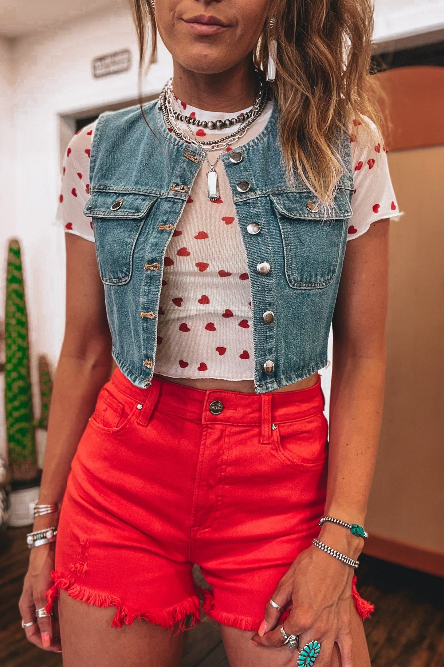 Racing Red Allover Heart Print Mesh Short Sleeve Top