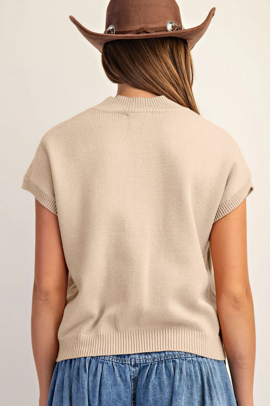 Suéter de manga corta con cuello alto, ribete acanalado y herraduras de pergamino - Bego Fashion