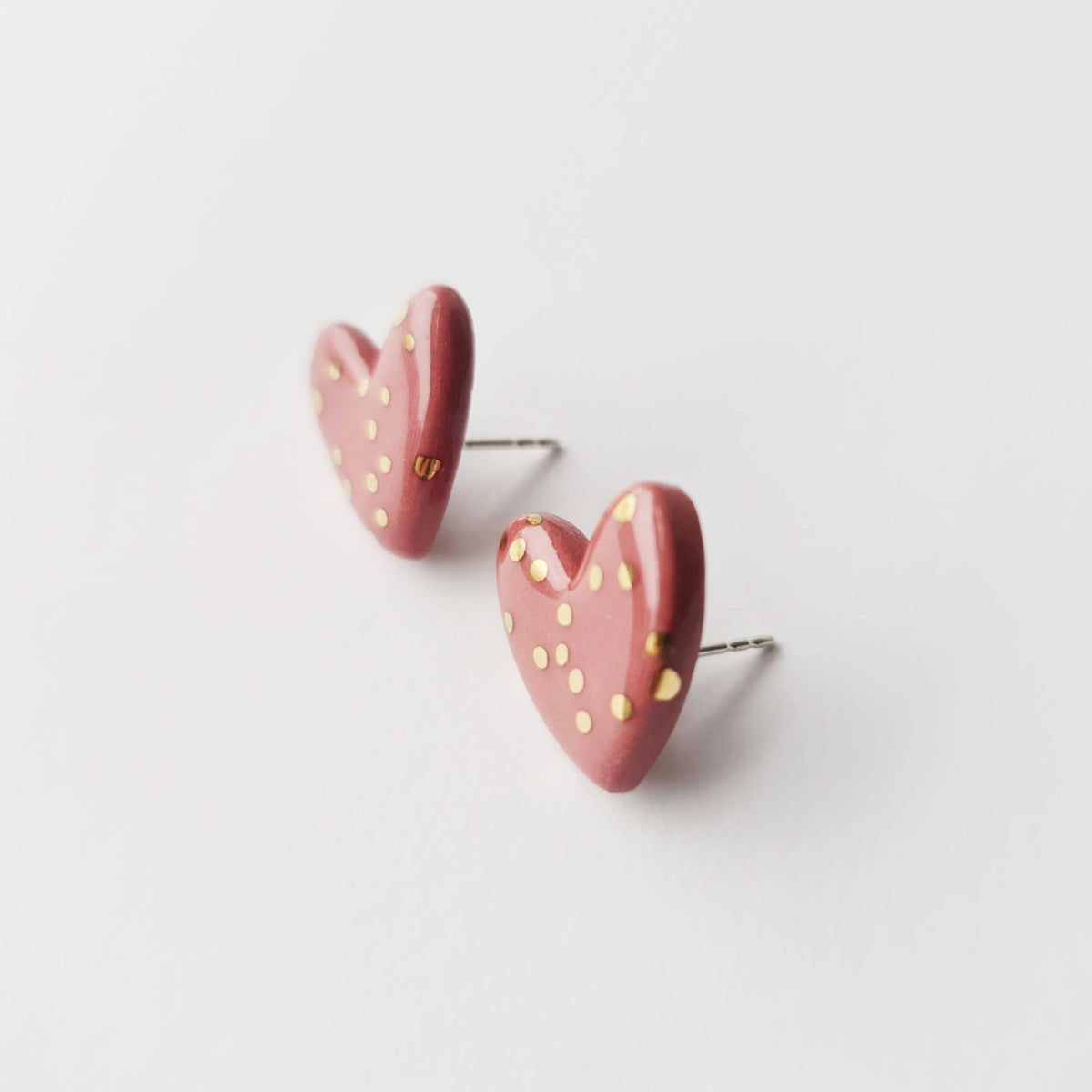 Dotted Porcelain Heart Studs - Pink