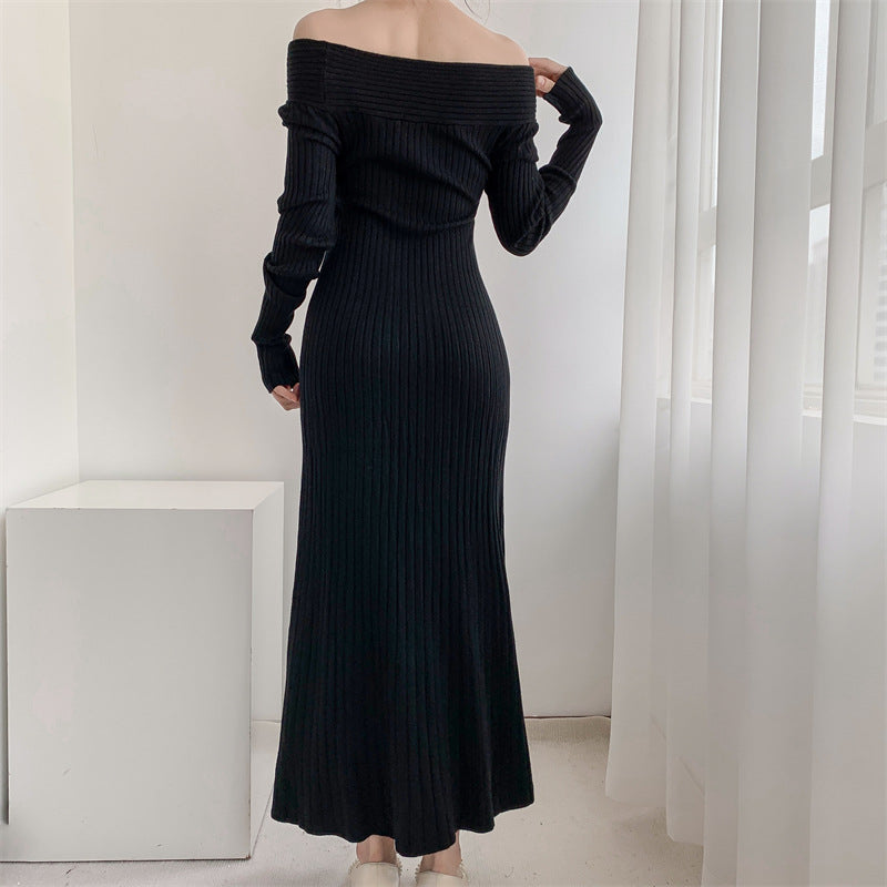 Vestido tipo suéter de punto para mujer, con escote asimétrico, estilo casual y elegante, corte en A, largo midi y ajuste entallado.
