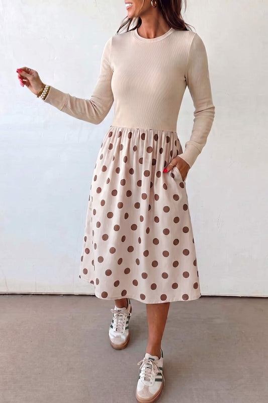 Vestido midi de manga larga con estampado de lunares en color beige
