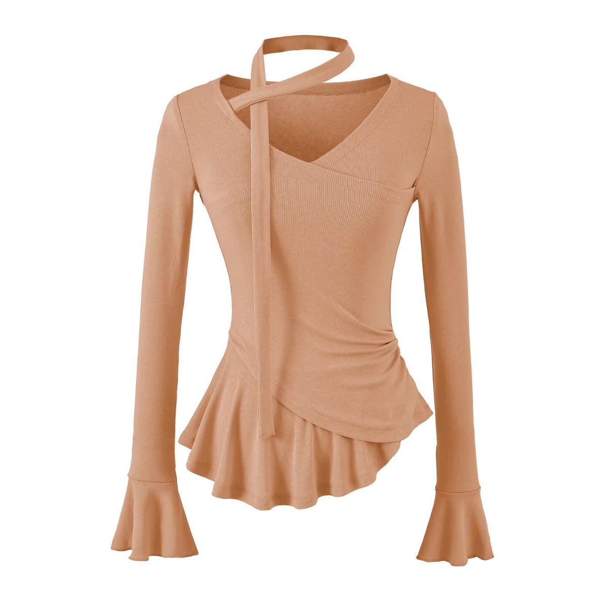 Top de manga larga con cuello en V, mangas acampanadas con lazada y cintura fruncida