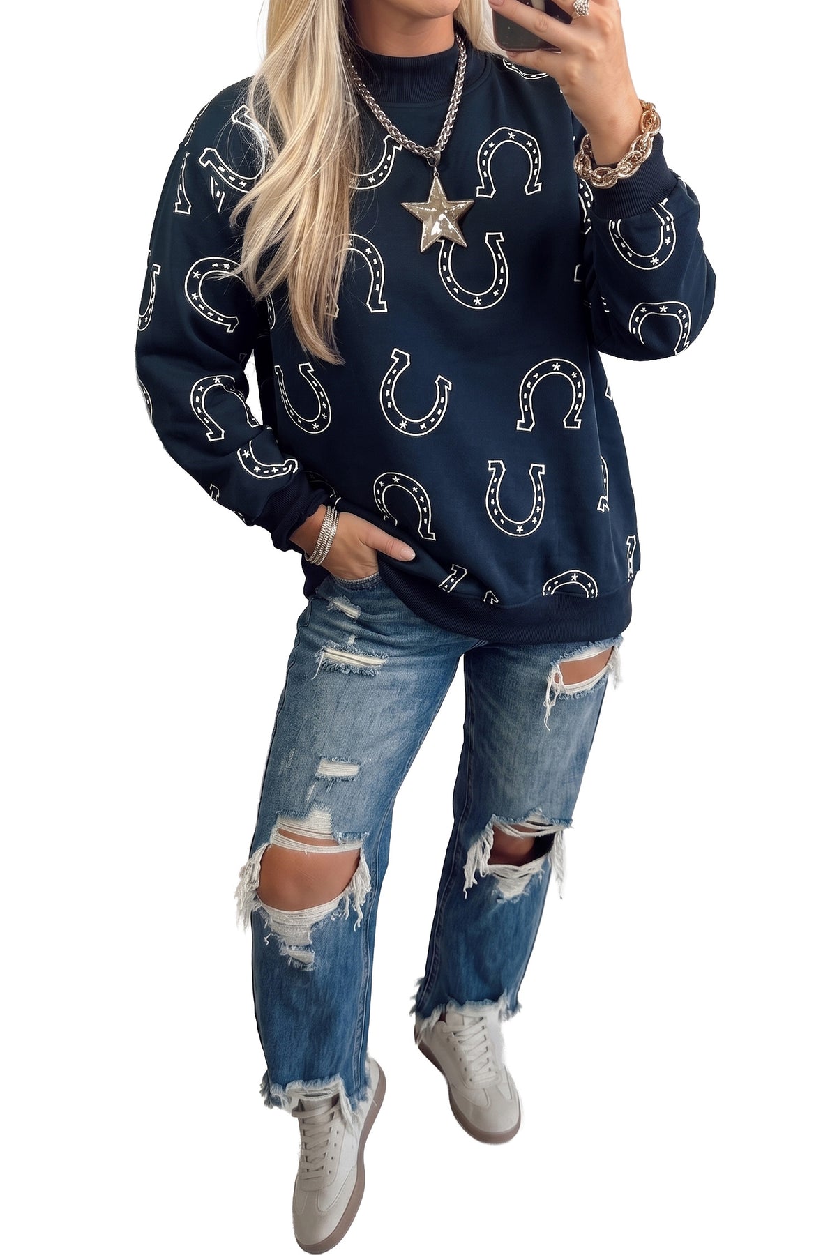 Sudadera casual de estilo western con estampado de herraduras azules y cuello subido