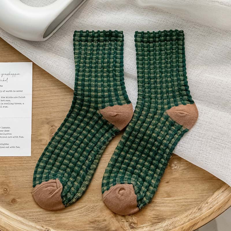 Calcetines largos de media caña de algodón con diseño de cuadros y bloques de color, que absorben el sudor. - Bego Fashion