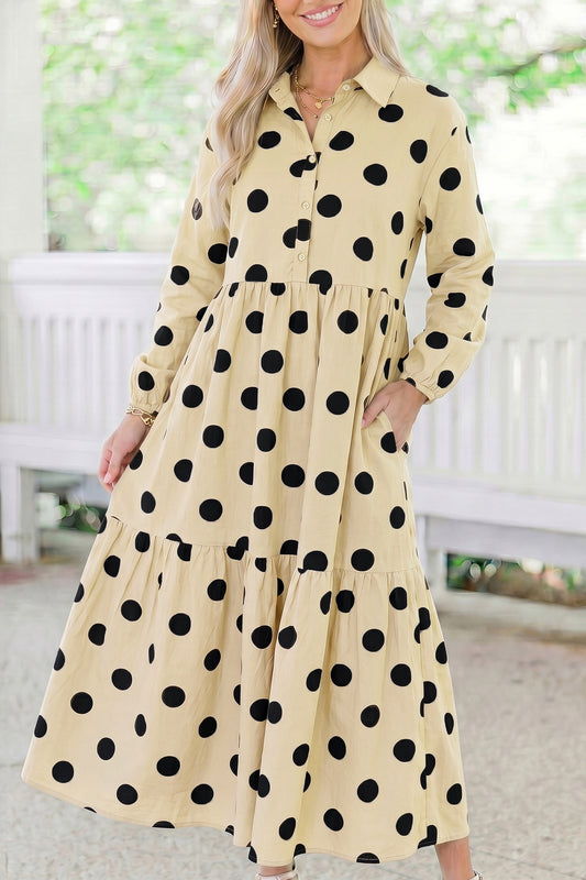 Vestido recto de manga larga con botones delanteros y estampado de lunares (Apricot)