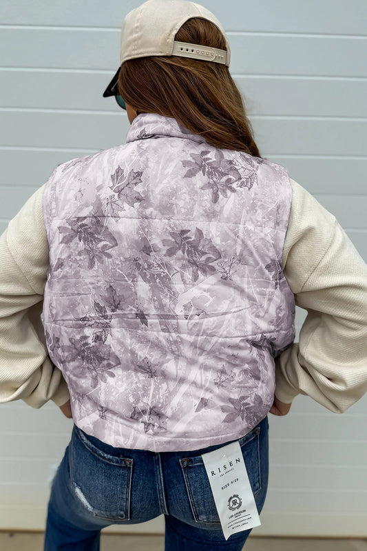 Chaleco acolchado de invierno con estampado de hojas y camuflaje gris