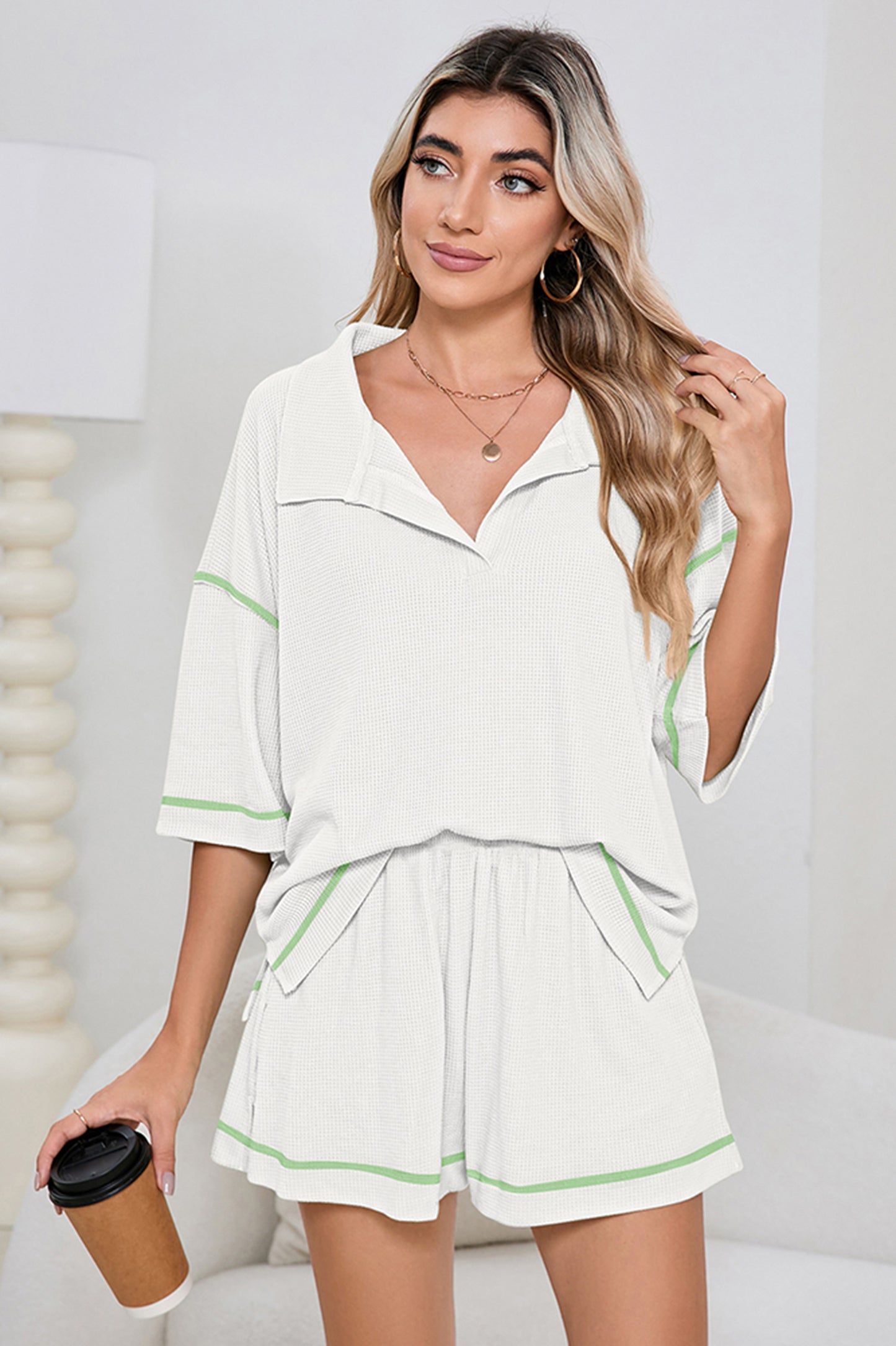 Conjunto de 2 piezas de pantalones cortos casuales con ribete de color gofre transpirable en rosa - Bego Fashion