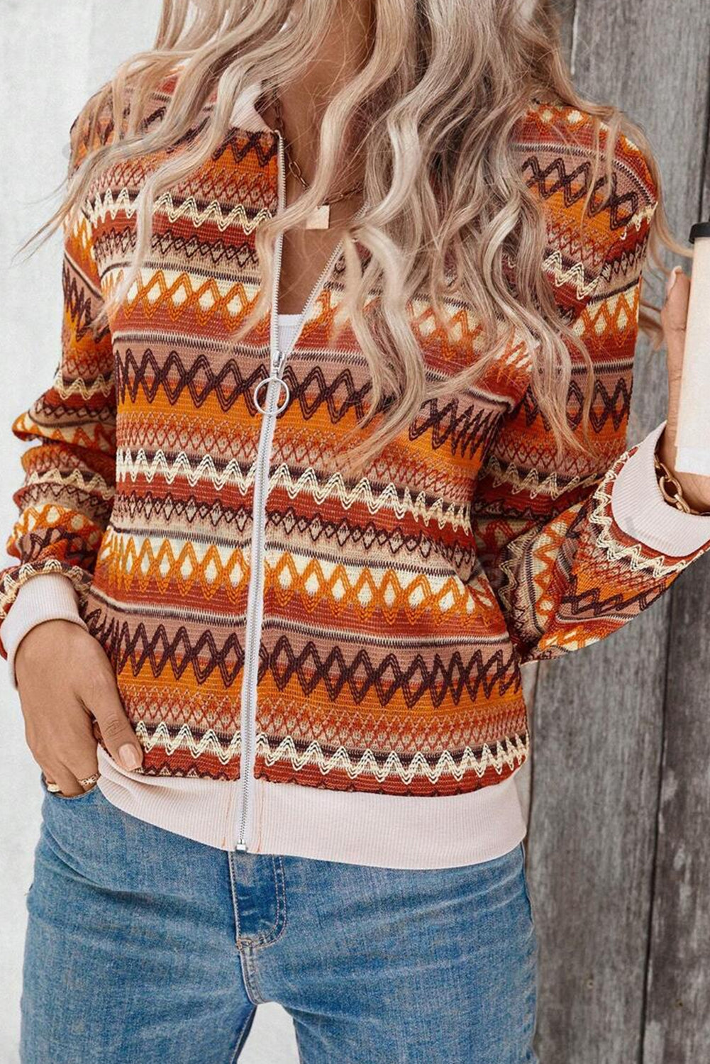 Chaqueta naranja de estilo boho a rayas, con cremallera y manga larga