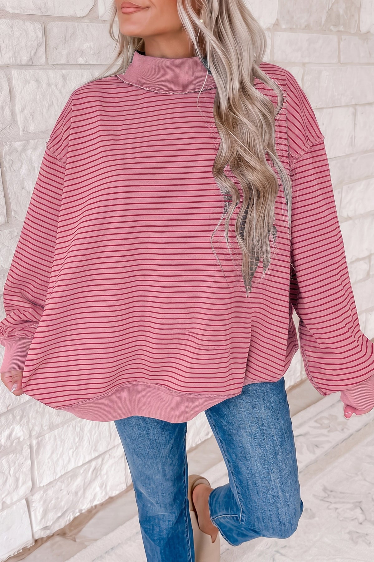 Sudadera oversize de canalé con bloques de color, rayas y cuello perkins, en color caqui
