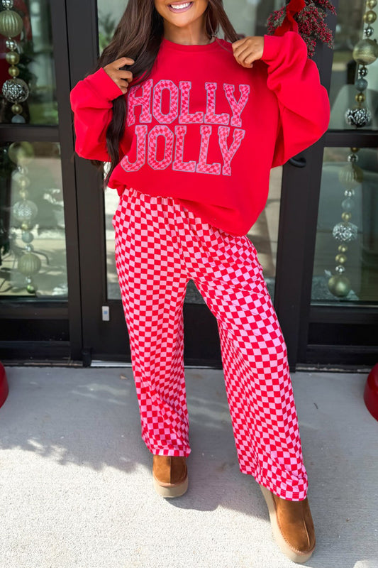 Conjunto de dos piezas de pantalón y top con estampado de cuadros, gráfico con eslogan navideño y detalles en contraste (rojo)
