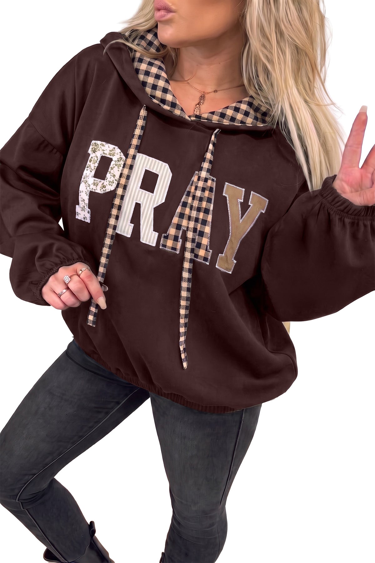 Sudadera con capucha y cordón ajustable en contraste, con estampado de cuadros y gráfico de letras "PRAY"
