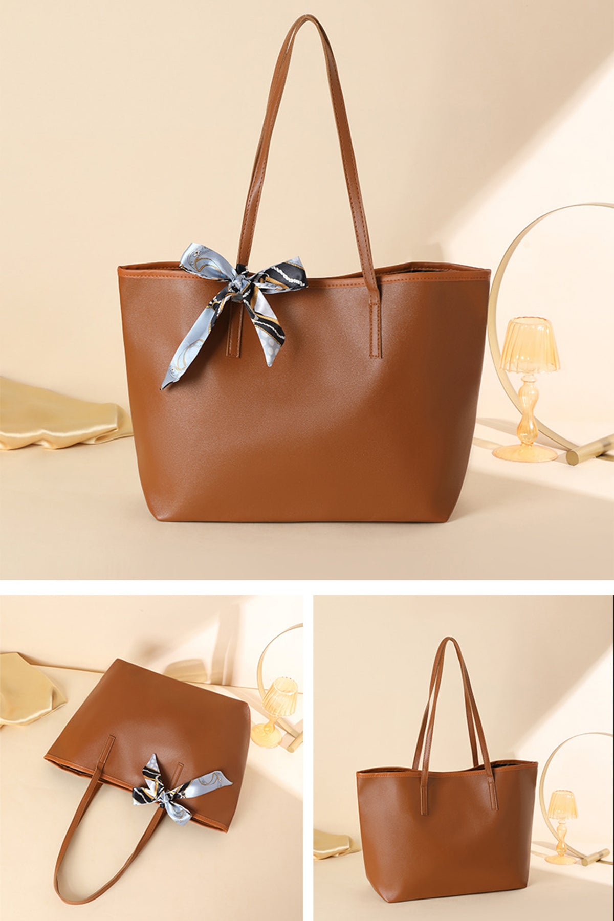 Bolso de piel sintética color castaño, de gran capacidad y con detalle de lazo.