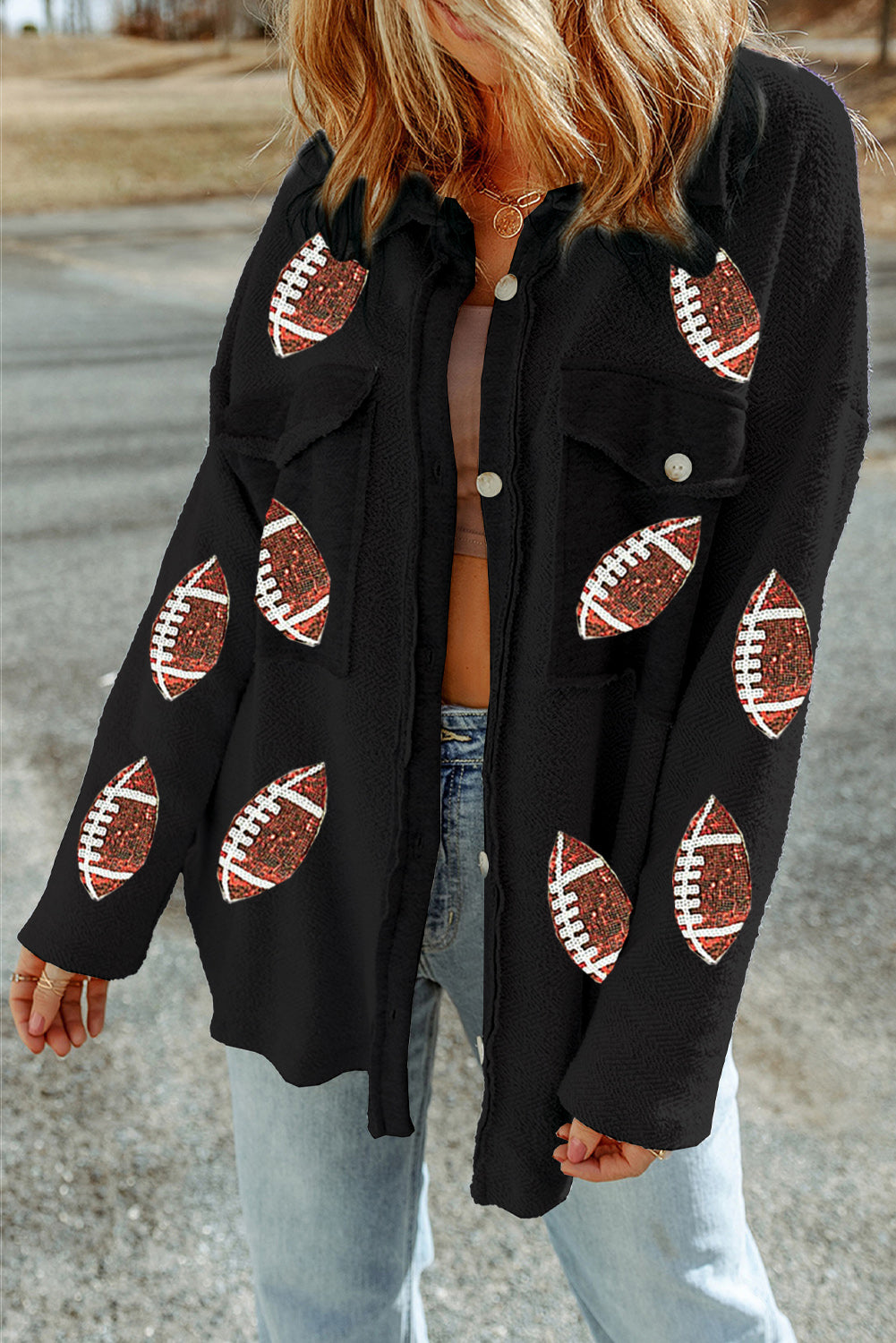 Chaqueta de rugby negra con lentejuelas, bolsillos con solapa y botones - Bego Fashion