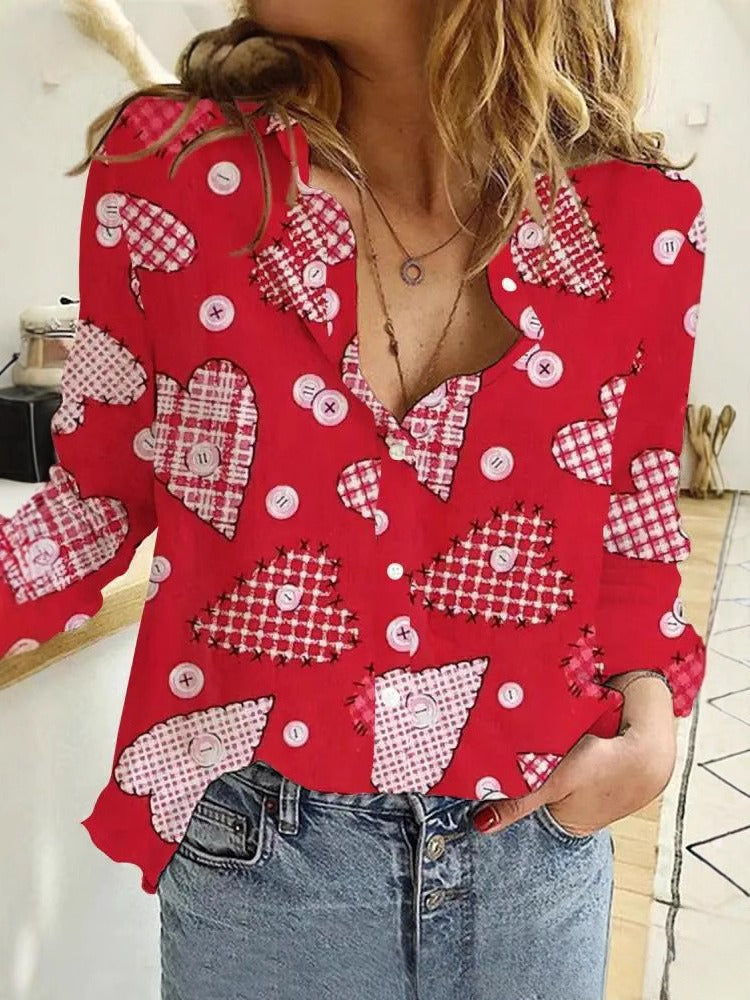 Camisa de manga larga para mujer con estampado de elementos del Día de San Valentín y amor creativo - Bego Fashion