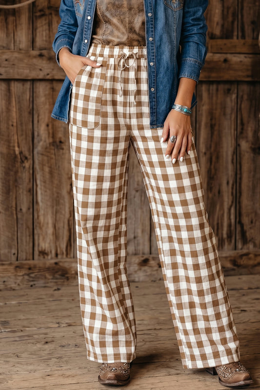 Pantalones rectos de cuadros vichy marrones con cintura elástica y lazo.