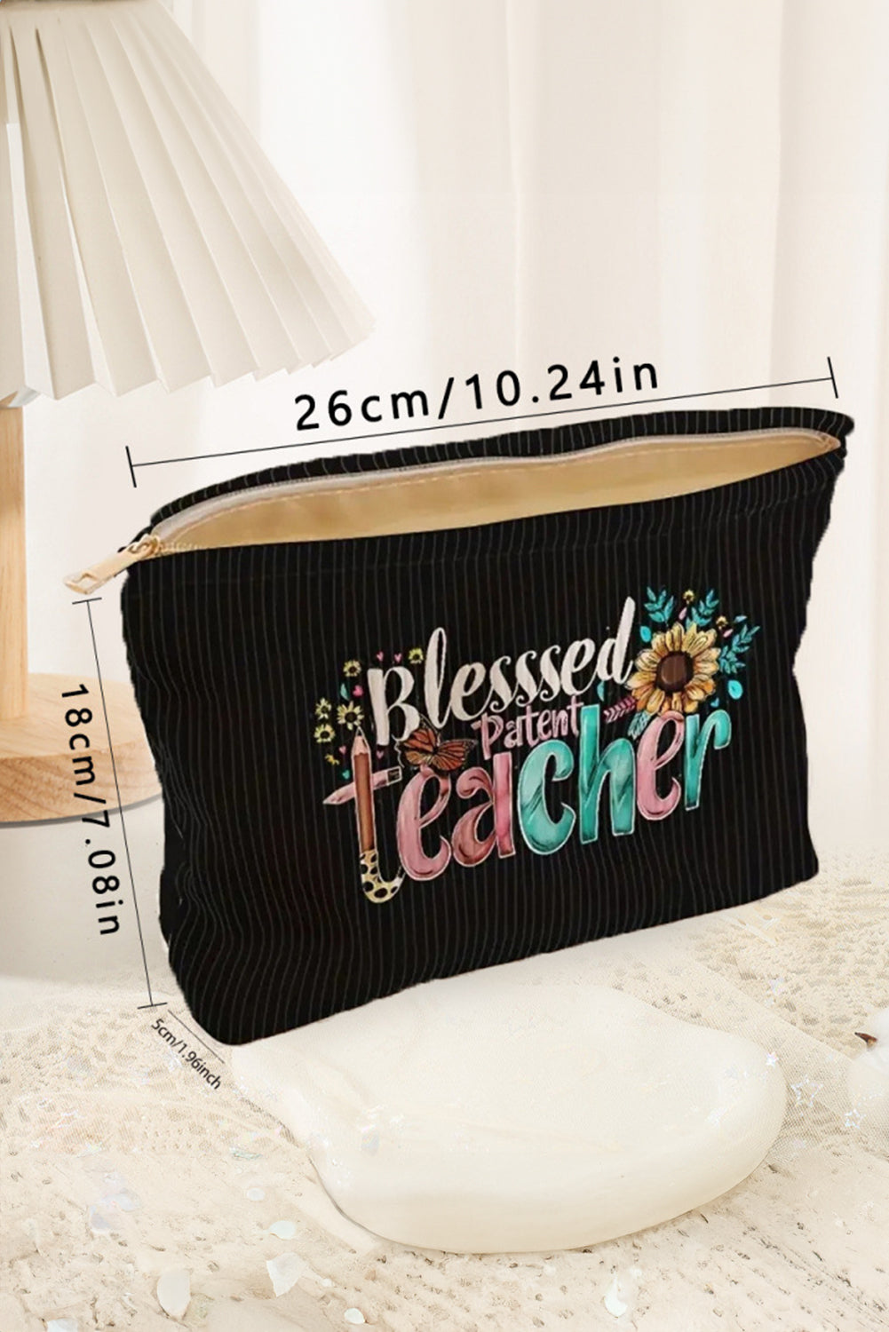 Bolsa de almacenamiento de pana con estampado de flores, lápices y la frase "Black Blessed Teacher"