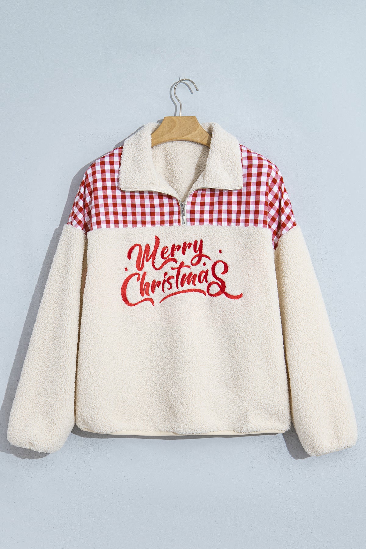 Sudadera holgada blanca de felpa con estampado de cuadros y parches, con motivo de Feliz Navidad