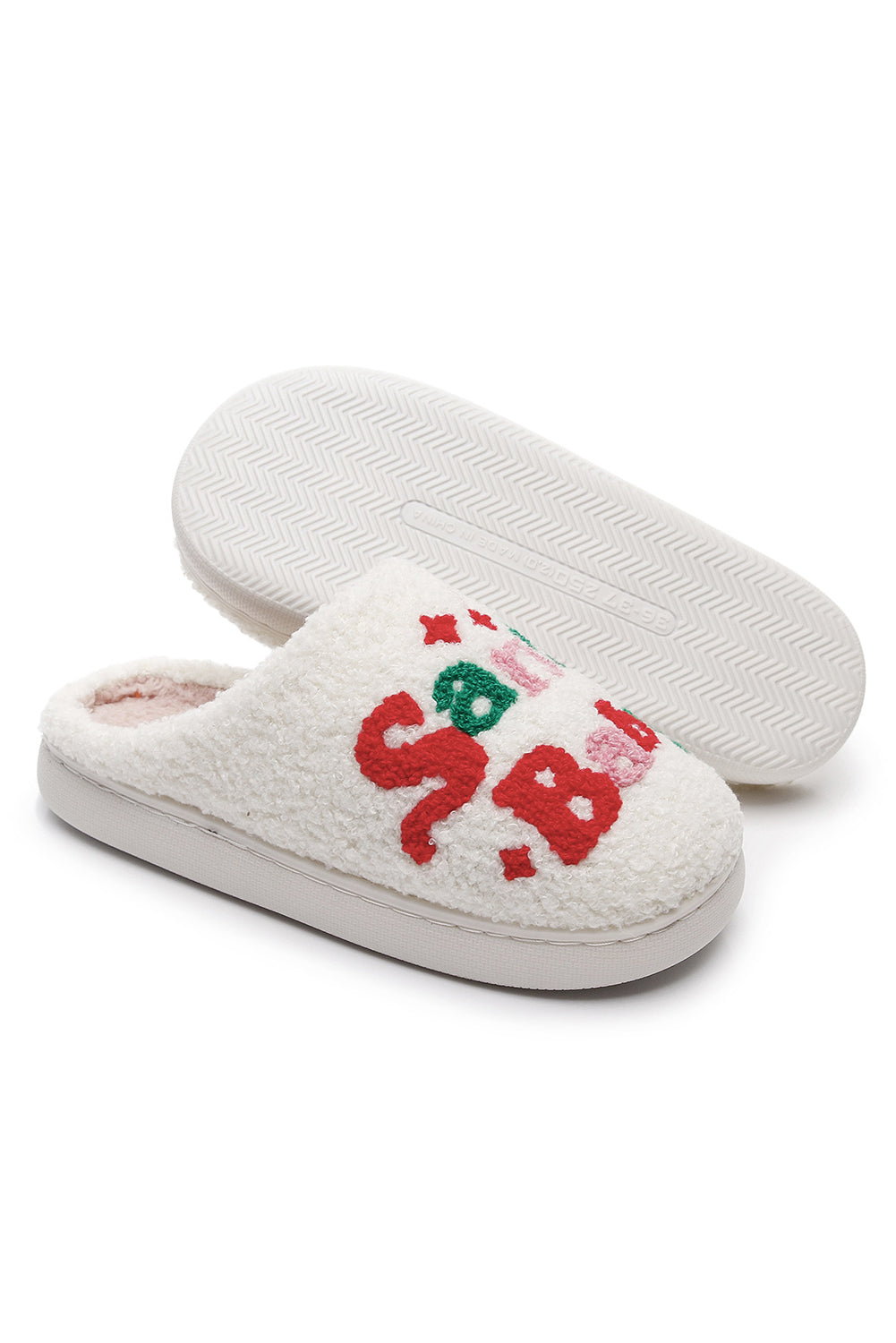 Pantuflas asimétricas de felpa blanca para casa, estilo Santa Baby