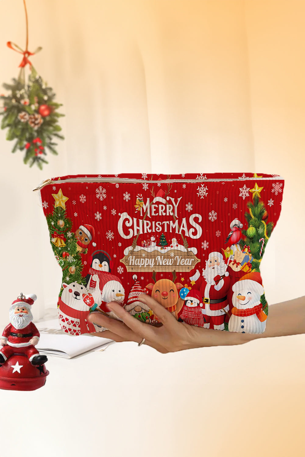Neceser de pana rojo intenso «Feliz Navidad y Próspero Año Nuevo»