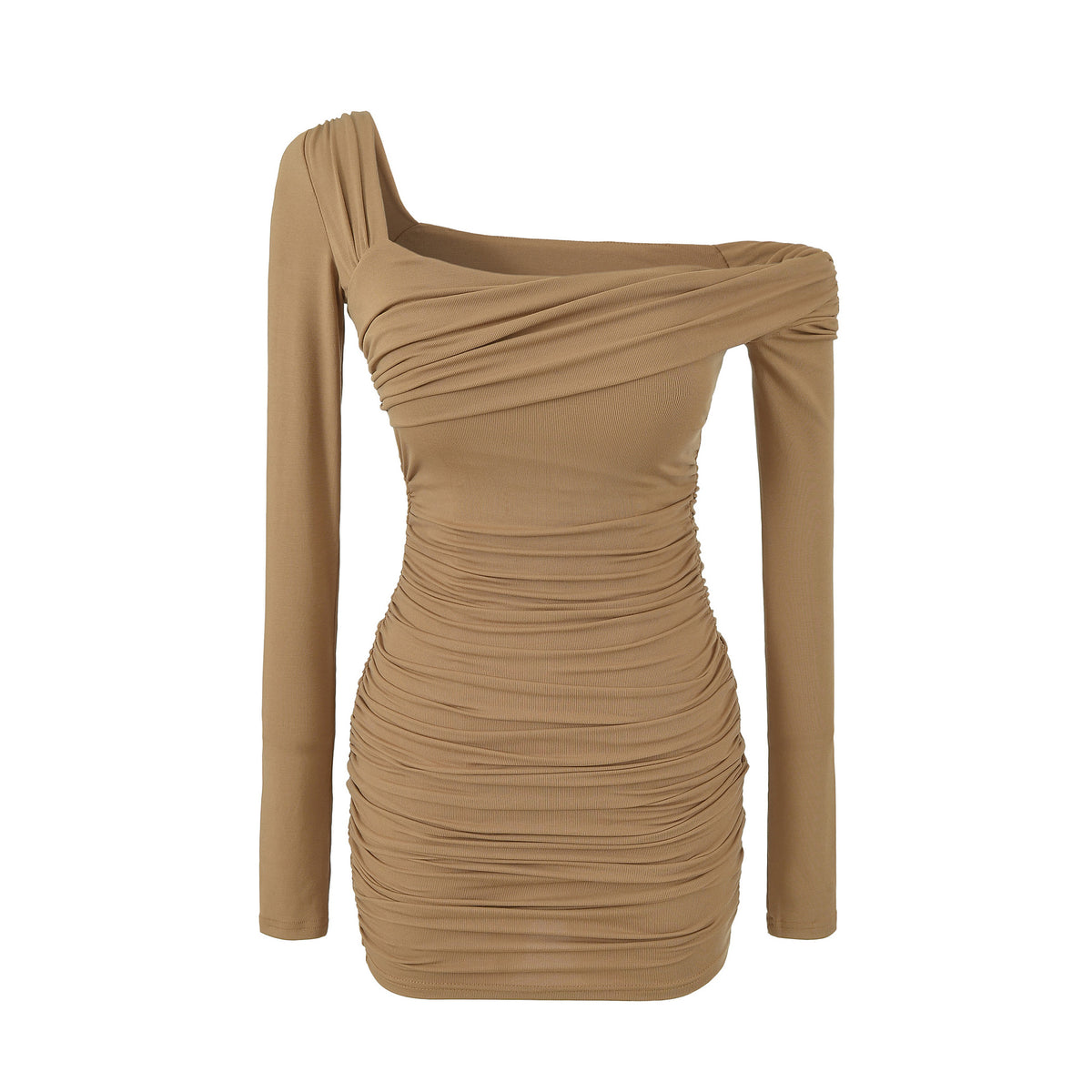 Vestido corto ajustado de manga larga, con hombros descubiertos y detalle fruncido