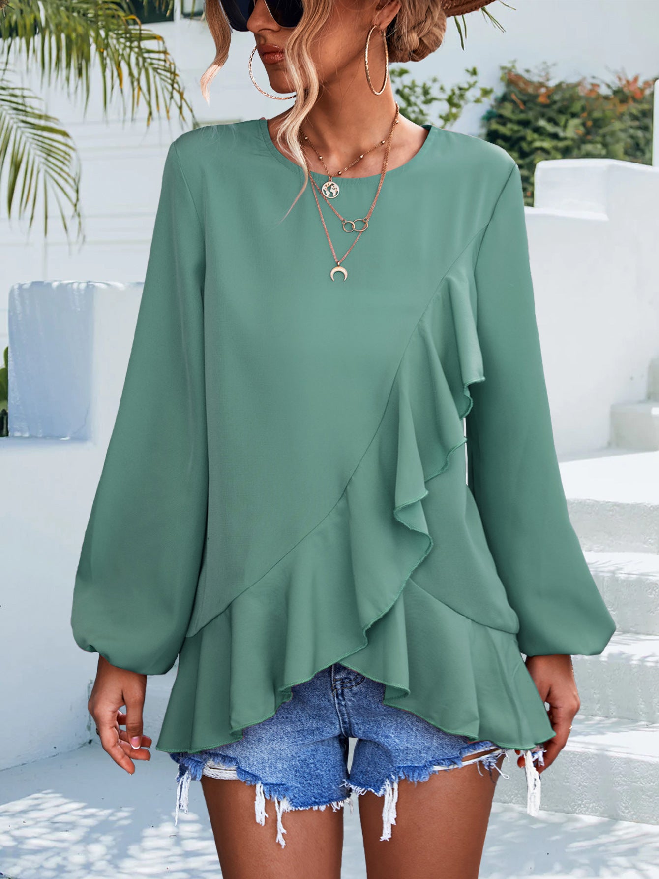 Top irregular con mangas farol y volantes de color liso - Bego Fashion