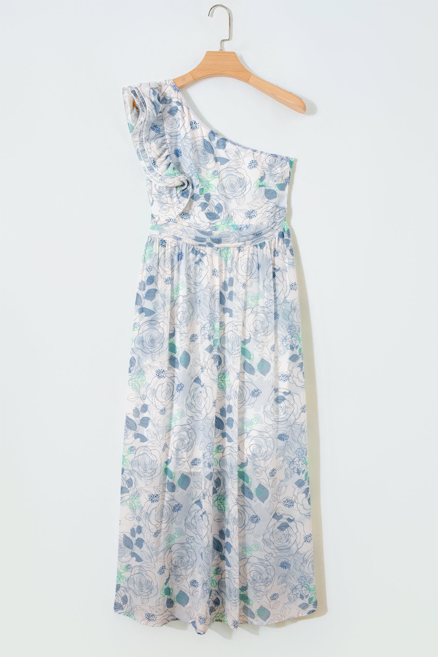 Maxivestido de vacaciones azul cielo con estampado floral, volantes y un solo hombro