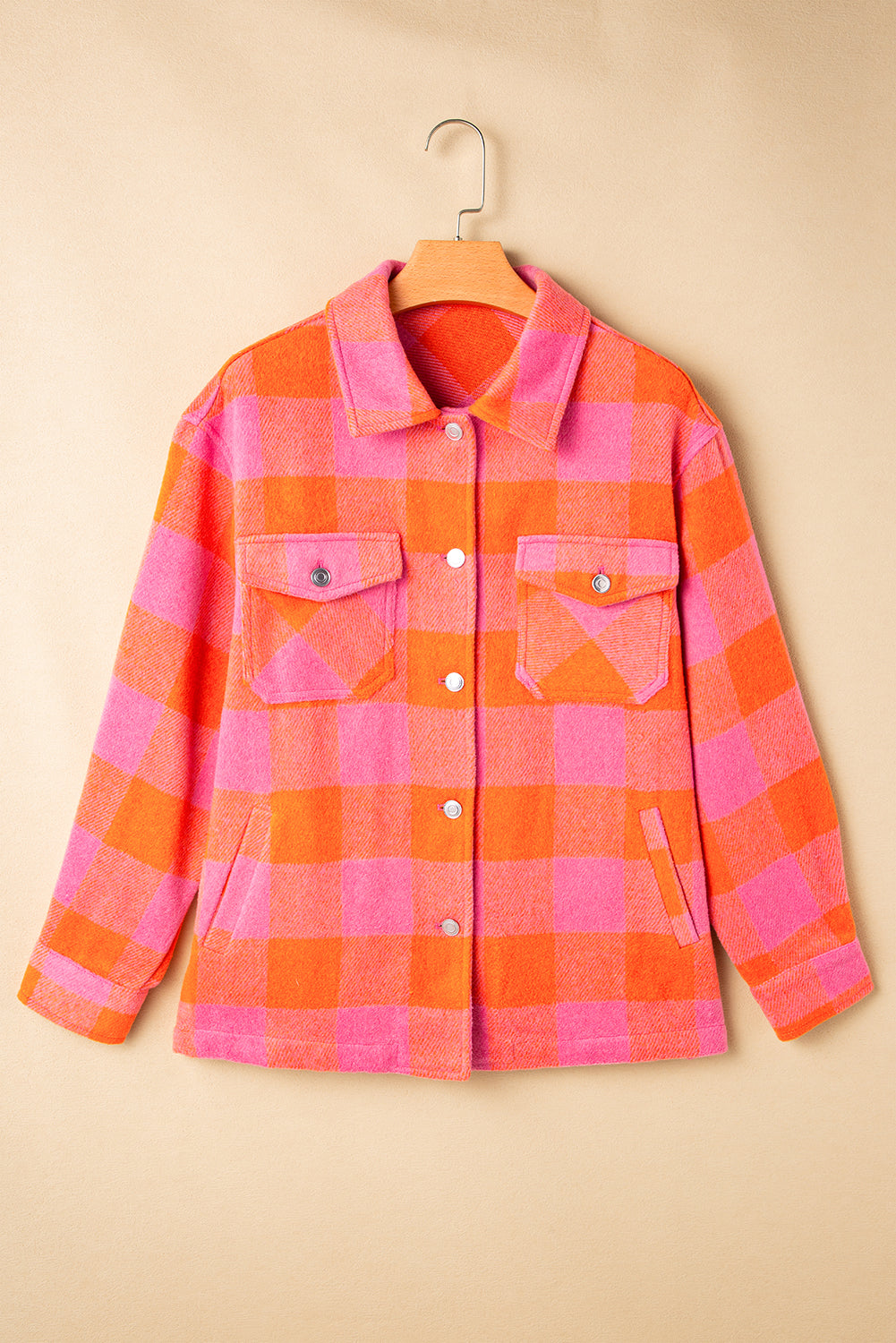 Orange Plaid Chest Pockets Button-up Turn Down Collar Jacket - Bego Fashion
